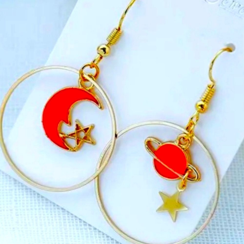 Hot Pink Moon Planets & Stars Galaxy Dangling Hoop Gold Earrings